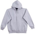 Gray zip-up hoodie with a hood and drawstrings. It features two front pockets and ribbed cuffs and hem. The hoodie is laid flat against a white background.
