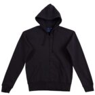 A plain black zip-up hoodie with a front pocket and drawstring hood, laid flat on a white background.