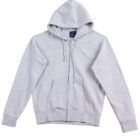 A light gray zip-up hoodie with a hood and adjustable drawstrings. It features a front zipper and two front pockets. The hoodie is laid flat and displayed against a white background.