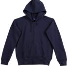A navy blue hoodie with a front zipper, drawstring hood, and two front pockets, lying flat on a white background.