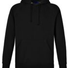 A plain black hoodie with a front pocket and adjustable drawstrings. The hoodie has long sleeves and a relaxed fit, suitable for casual wear.