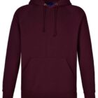 A maroon hoodie with a front pocket and drawstrings. It has long sleeves and a hood, featuring a simple and classic design.
