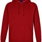 A plain red hoodie with a front pocket and drawstrings on the hood is displayed against a white background. The hoodie features ribbed cuffs and hem.