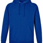 A plain blue hoodie with drawstrings and a front pocket, displayed against a white background.
