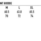 Size chart for a mens fleece closed-front hoodie. Sizes: S to 5XL. Half chest measurements: 58.0 to 75.5 cm. Body length: 68 to 80 cm. Features a wind and cold proof icon on the left.