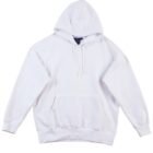A plain white hoodie with a front pocket and drawstring hood is laid flat on a white background.
