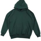 A dark green hooded sweatshirt with a front pocket and long sleeves, laid flat against a white background.