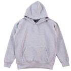 Gray hooded sweatshirt lying flat against a white background. The hoodie features a front pocket and ribbed cuffs.