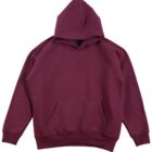 A maroon hooded sweatshirt with long sleeves and a front pouch pocket. The hoodie has a relaxed fit, with ribbed cuffs and hem. It is laid flat, showcasing its simple, solid color design.