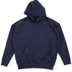 A plain, dark blue hoodie with a front pocket and a drawstring-less hood is laid flat against a white background. The hoodie features long sleeves and ribbed cuffs and hem.