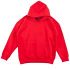 A bright red hoodie is displayed against a white background. The hoodie features a front pocket and has long sleeves, with the hood up and no visible drawstrings.