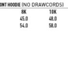Sizing chart for FLO7K kids fleece closed-front hoodie. Sizes 6K to 14K are listed. Half chest measurements: 42.0 to 54.0 cm. Body length measurements: 50.0 to 66.0 cm. Includes a wind and cold proof icon. No drawcords.
