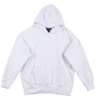 A plain white hoodie with a front pocket and a drawstring hood, laid flat on a white background.