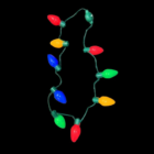 A black strand enhances the flashy red, blue, yellow & green bulbs of a Christmas necklace.