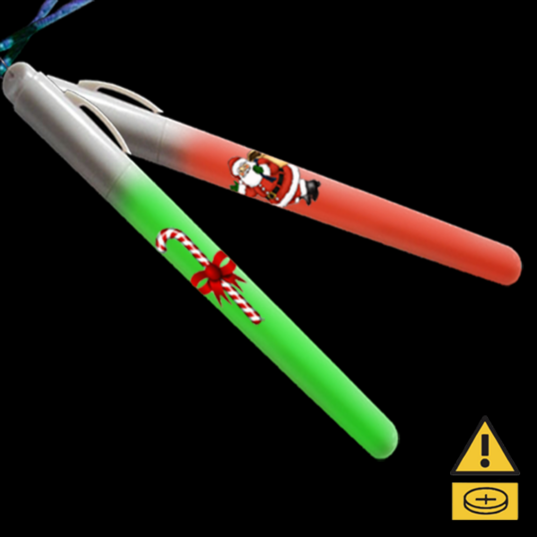 Two clip-on pens with Santa and candy cane design on a flashing wand - Christmas Edition.