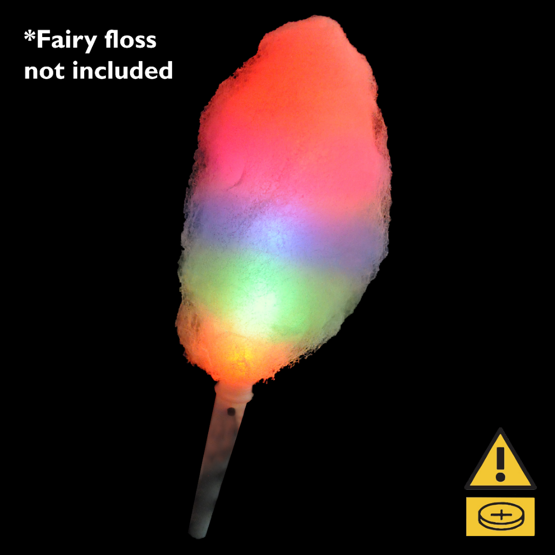 Flashing rainbow stick labeled Flashing Fairy Floss Stick, candy not included.