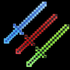 Flashing LED Pixel Swords in blue, red, green on a black backdrop.