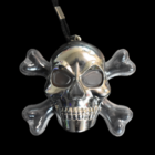 Flashing Metallic Skull Necklace: Silver skull and crossbones on a black backdrop.