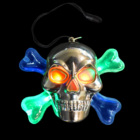 Flashing Metallic Skull Necklace: Chrome skull with glowing red eyes, blue bones, black strap.