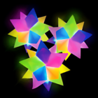 Three flashing rainbow bounce balls glow like colorful stars against a black backdrop.