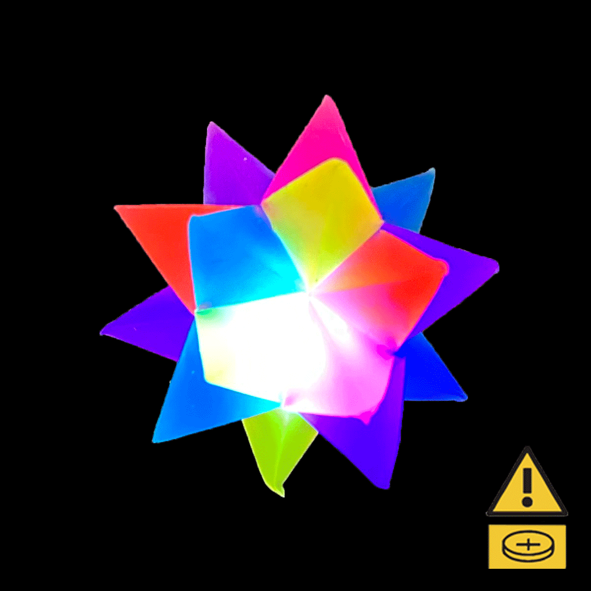 Rainbow Bounce Balls with geometric patterns and a warning symbol below flash colorful lights.