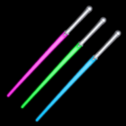 Three Flashing Saber Swords: pink, green, blue blades with silver hilts on black.