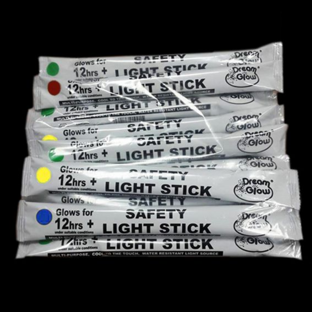 Glow stick pack with 6 vibrant colors, individually wrapped for convenience.