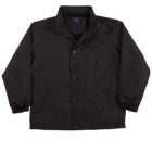 A black jacket with a front button closure, a high collar, and two side pockets. The jacket is laid flat against a white background.