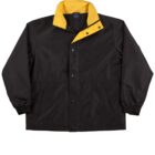 Black jacket with a bright yellow collar. The jacket has button closures and elastic cuffs. The inner lining of the collar is visible, adding a pop of color to the otherwise simple design.