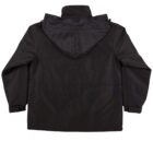 A black waterproof jacket shown from the back, featuring a hood and long sleeves. The fabric appears to be smooth and slightly reflective. The jacket has adjustable cuffs and a loose fit.
