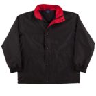 Black jacket with a red collar, featuring a front snap button closure. The sleeves are long with elastic cuffs, and there are two side pockets. The jackets interior is not visible.