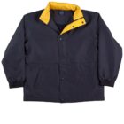 A black jacket with a yellow collar and snap-button closure. It features two side pockets and elastic cuffs. The collar is folded down, showing its contrasting color.