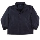 Black jacket with a high collar, button-up front, and two side pockets. The sleeves have elastic cuffs, and theres a slight sheen to the material, suggesting it might be waterproof or windproof.