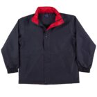 A black jacket with a bright red collar, featuring long sleeves and a front button closure. The jacket has two front pockets and an elastic waistband at the cuffs.