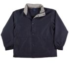 A dark-colored, long-sleeved jacket with a light collar. It has snap buttons down the front, elastic cuffs, and pockets on each side. The collar is raised, and the jacket appears to be made of a lightweight material.
