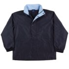 A black waterproof jacket with a light blue lining is displayed on a white background. The jacket features a snap-button front closure, a high collar, and elastic cuffs.