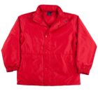 A bright red jacket with a high collar, front snap buttons, elastic cuffs, and two side pockets.