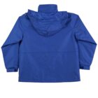 A blue jacket with a hood is shown from the back. The jacket has long sleeves and a smooth, solid color. It appears lightweight and suitable for outdoor use.