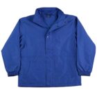 A blue jacket with a front zipper and snap buttons, featuring two slanted front pockets and elastic cuffs. The collar is folded down. The jacket appears to be made of a lightweight, waterproof material.