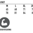 Size chart for the JK01 unisex Oxford/fleece jacket with sizes XS to 7XL. Features include water repellent, wind & cold proof, and tough wearing. Half chest and body length measurements are listed for each size.