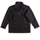 Black jacket with a high collar and front zipper. It has long sleeves with white piping along the shoulders and sleeves, and two front pockets.