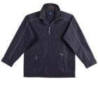 A dark navy blue zip-up jacket with a collar and long sleeves. The jacket features two zippered pockets and subtle white piping along the seams for accent.