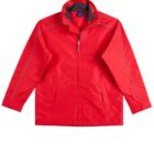 Red jacket with a front zipper and side pockets. The collar is slightly raised, and there are reflective stripes along the shoulders and sleeves. The fabric appears smooth and weather-resistant.