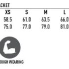 Size chart for a unisex Oxford sport jacket showing sizes XXS to 3XL with half chest and body length measurements in centimeters. Icons indicate the jacket is water repellent, wind & cold proof, and tough wearing.