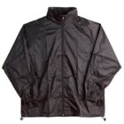 A black, lightweight windbreaker jacket with a high collar and front zipper. The jacket has long sleeves with elastic cuffs and an adjustable drawstring hem.