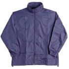 A crumpled blue windbreaker jacket with a zipper front. It has a high collar, long sleeves with elasticized cuffs, and a straight hem. The jacket is laid flat against a white background.