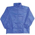 A blue windbreaker jacket with a front zipper and high collar, featuring elastic cuffs. The jacket is laid flat against a plain white background.
