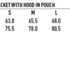 Size chart for JK10 Unisex Outdoor Spray Jacket with Hood in Pouch. Sizes XS to 3XL are listed with half chest and body length measurements in centimeters. Waterproof icon displayed.