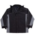 A black and gray jacket with a high collar and buttoned front. It features gray panels on the shoulders and sleeves, with adjustable cuffs and a drawstring at the collar. The design is simple and functional, suitable for outdoor activities.