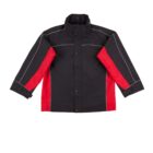 Black and red jacket with long sleeves and a high collar, featuring zip closure and gray piping details along the seams, isolated on a white background.